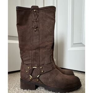 Report Tessah Brown Distressed Leather Knee High Boots Women 7.5 Lug Sole